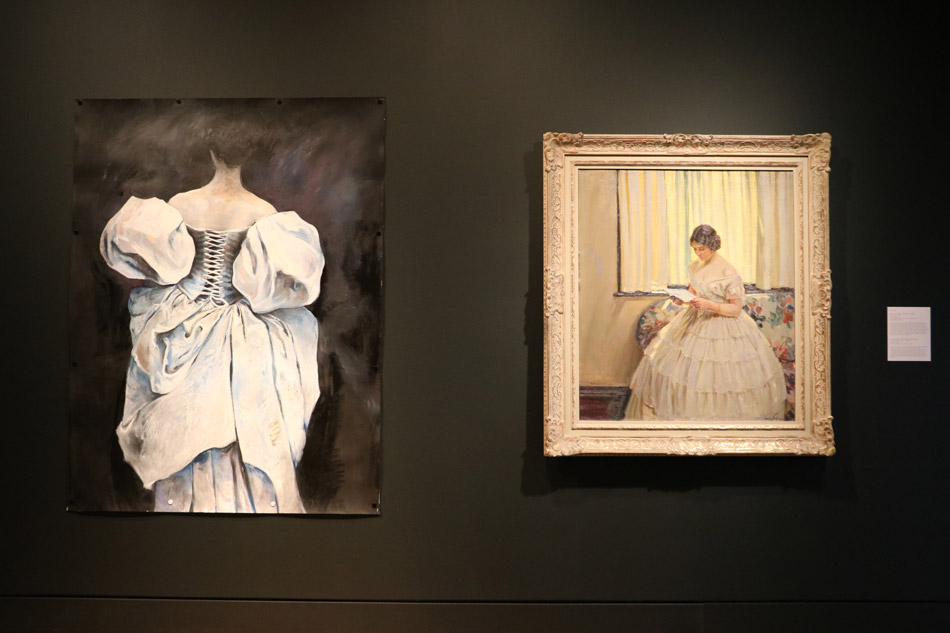 Left: Carolyn Samko (Canadian b. 1967), Gloriana, 1996, oil on paper. Purchased with funds from the Marie Louise Stock Estate, 1997 | Right: Helen McNicoll (Canadian 1879-1915), The Victorian Dress, c.1914, oil on canvas. Gift of A. Sidney Dawes, M.C., 1958