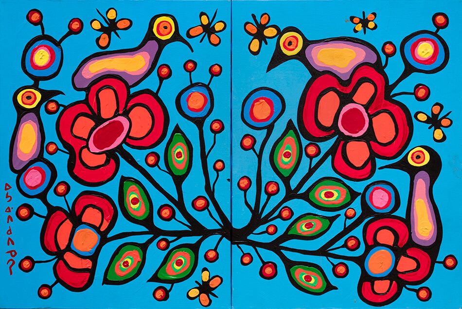 Fig. 2.  Norval Morrisseau (Anishinaabe 1931–2007), Floral Theme in Two Parts, ca. 1980–85, acrylic on canvas, 60.9 x 45.7 cm, Gift of Mr. Nicholas John Pustina, Mr. Robert Edward Zelinski, and Mr. Kenny Alwyn Whent, 1985.