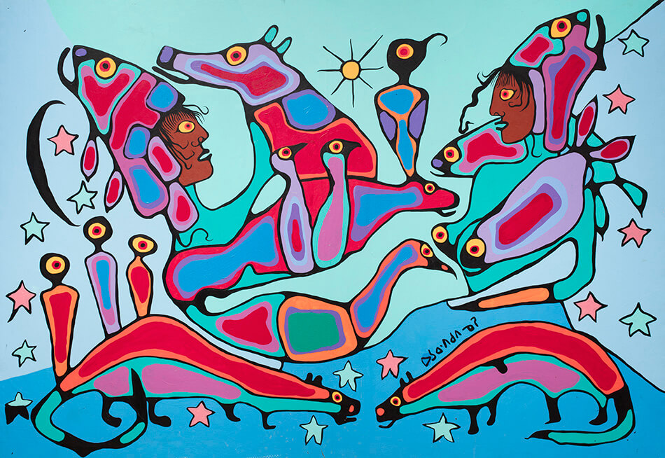 Fig. 4. Norval Morrisseau (Anishinaabe 1931–2007), Shaman and Apprentice, ca. 1980–85, acrylic on canvas, 135.2 x 189.2 cm, Gift of Mr. Nicholas John Pustina, Mr. Robert Edward Zelinski, and Mr. Kenny Alwyn Whent, 1985.