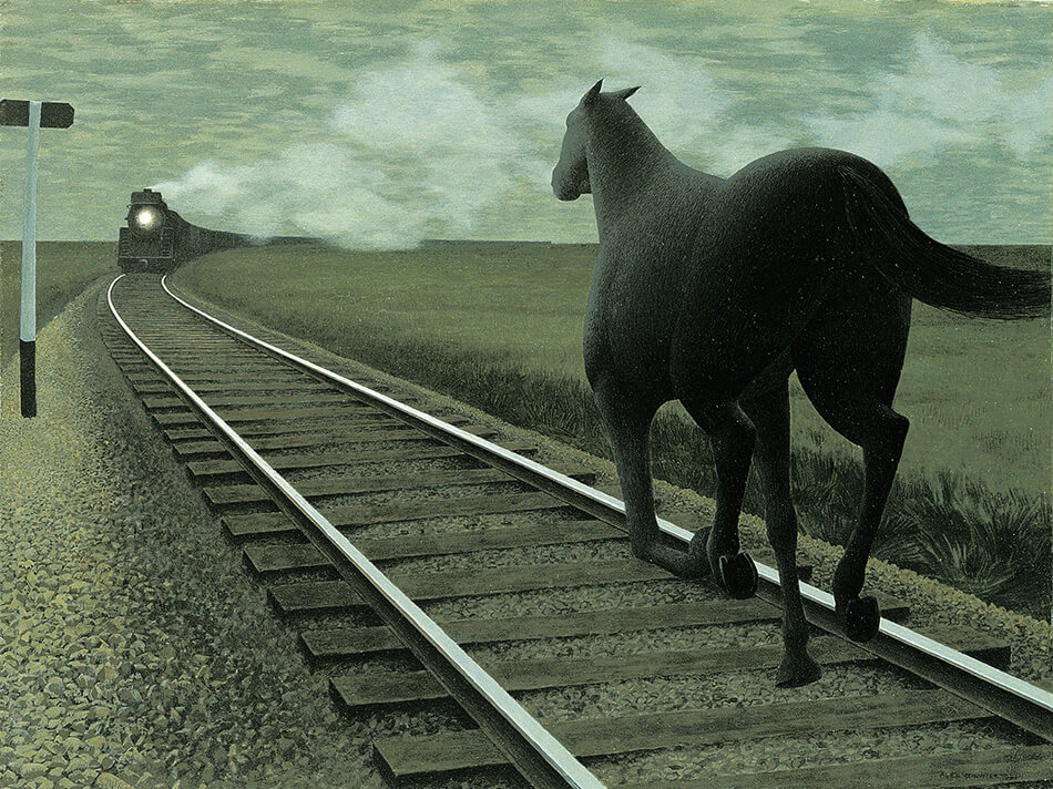 Alex Colville (Canadian 1920-2013), Horse and Train 1954, glazed oil on hardboard. Gift of Dominion Foundries and Steel, Ltd., 1957.