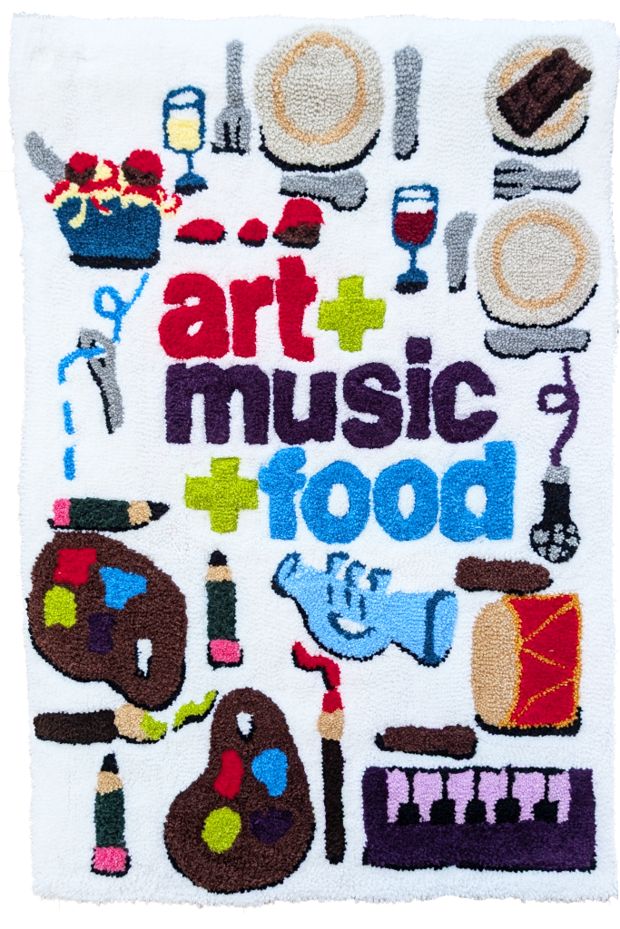 Julianna Biernacki, Meeting at the table, 2025, Acrylic yarn tufted onto monks cloth. Courtesy of the artist.